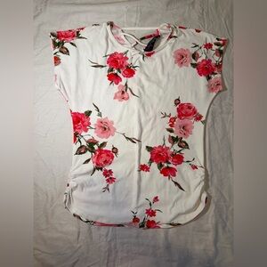 Say Anything White Floral Blouse Back Crisscross Ruched Sides